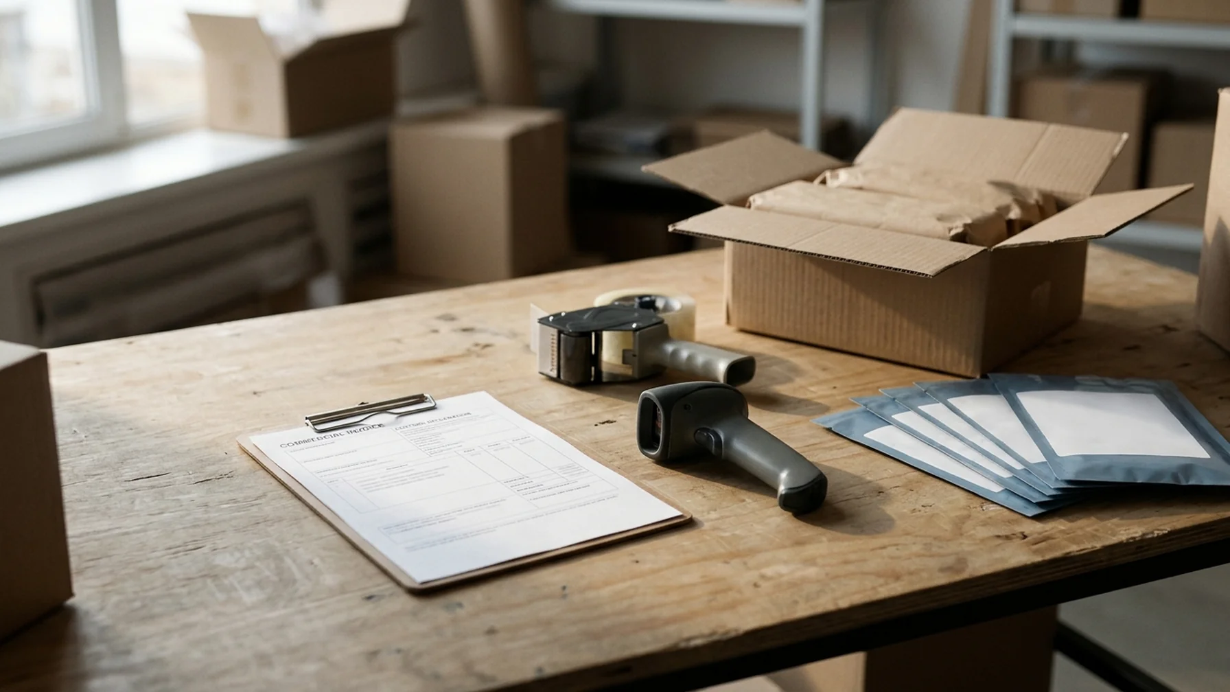 A small export packing bench with a cardboard carton, a printed commercial invoice, a customs declaration form, a barcode scanner and a roll of tape, lit by daylight from a nearby window.
